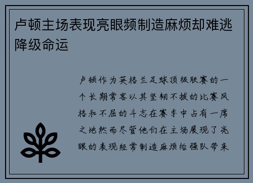 卢顿主场表现亮眼频制造麻烦却难逃降级命运 卢顿主场表现亮眼频制造麻烦却难逃降级命运