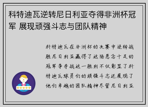 科特迪瓦逆转尼日利亚夺得非洲杯冠军 展现顽强斗志与团队精神 科特迪瓦逆转尼日利亚夺得非洲杯冠军 展现顽强斗志与团队精神